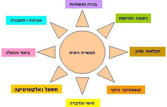 תרשים לתחומים שהתעשייה הכימית משרתת: רפואה ותרופות, בנייה ותשתיות, אנרגיה ותחבורה, ביגוד והנעלה, חשמל ואלקטרוניקה, חיטוי והדברה, קוסמטיקה וניקוי וחקלאות ומזון