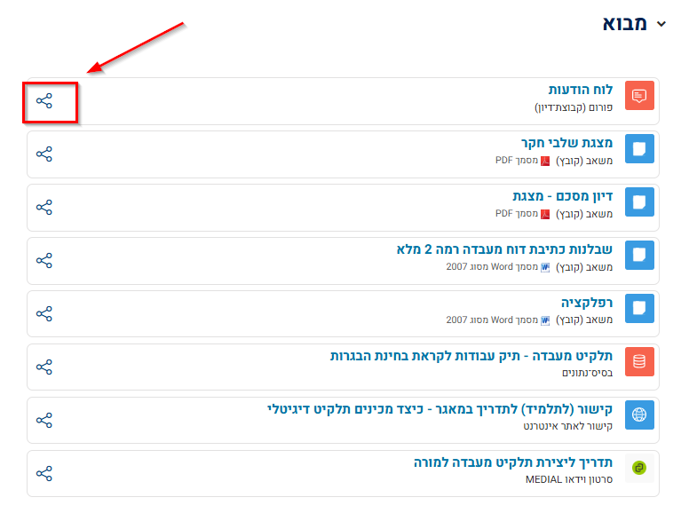 העתקה של משאב או פעילות מקורס במאגר המשותף