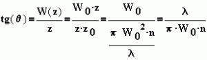 tg(\Theta )=\frac{W(z)}{z}=\frac{W_{0}\cdot z}{z\cdot z_{0}}=\frac{W_{0}}{\frac{\pi W_{0}^{2}\cdot n}{\lambda }}=\frac{\lambda}{\pi W_{0}\cdot n}